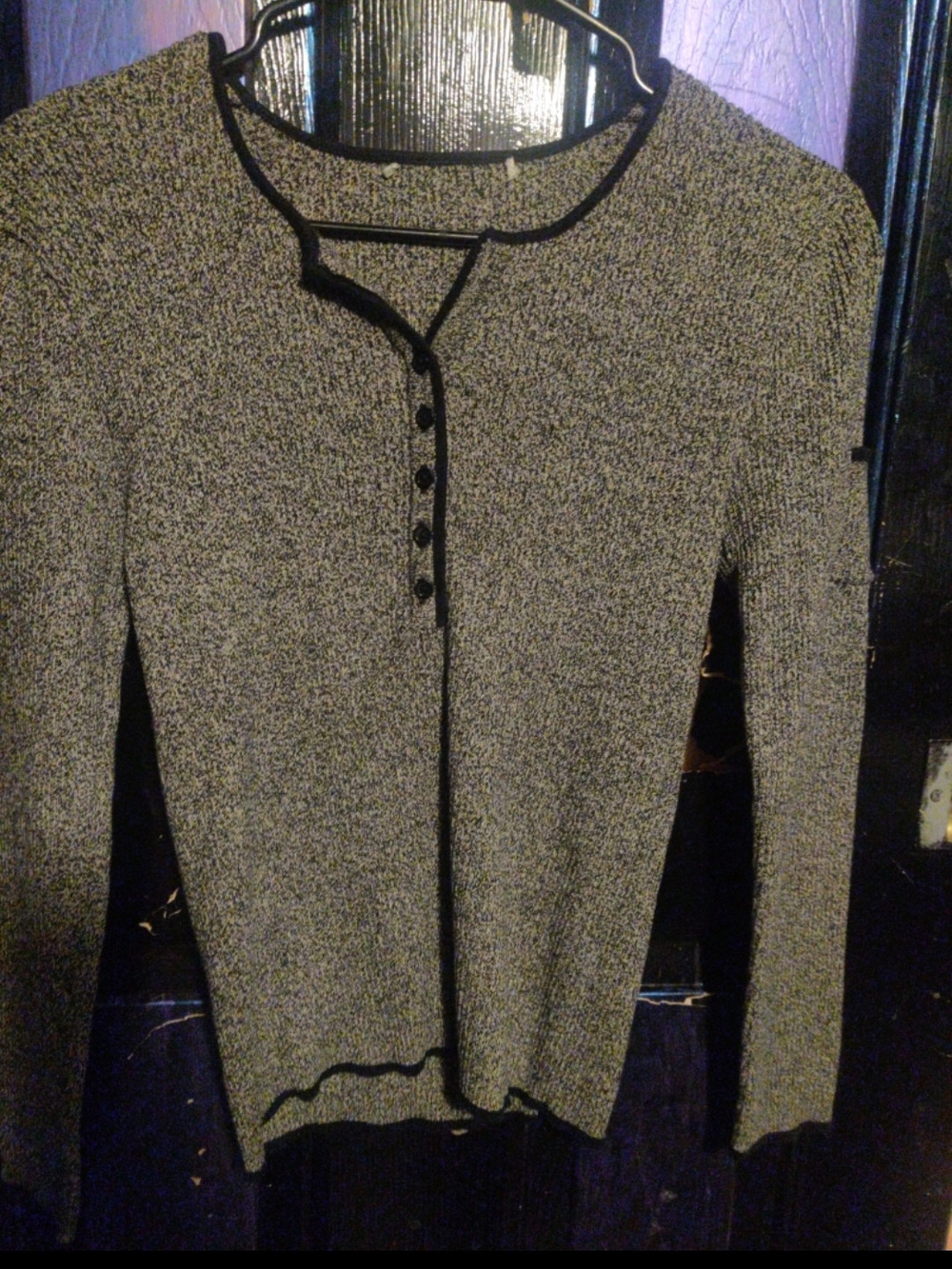 Grey Knit Long Sleeve Henley Top with Black Trim